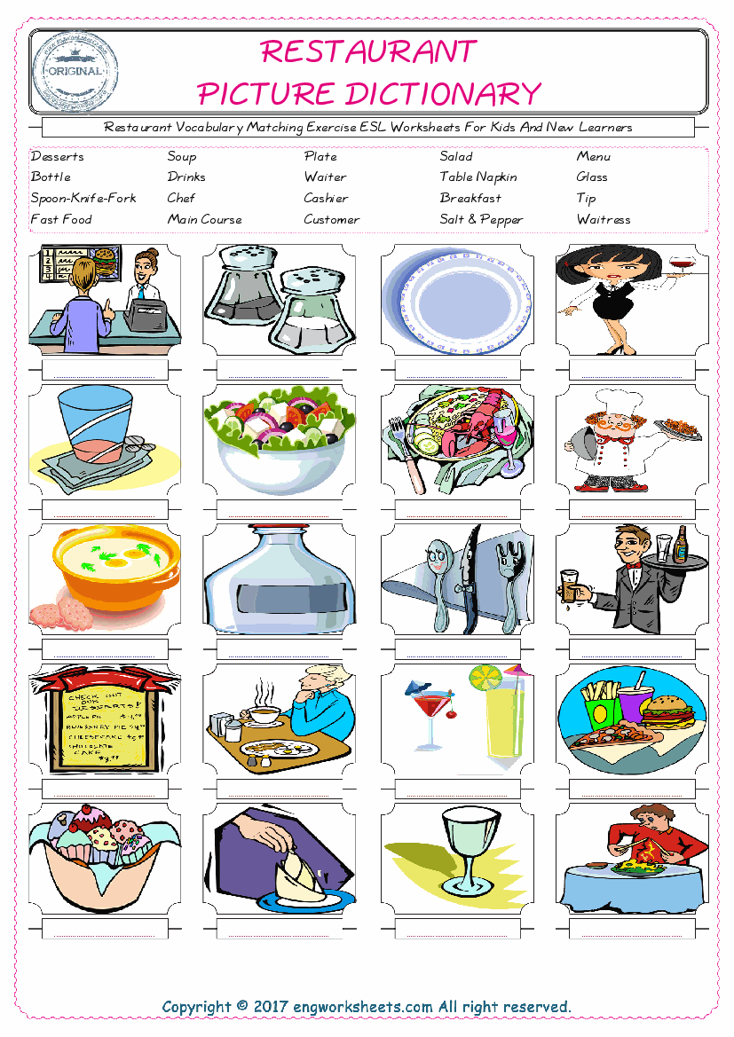  Restaurant for Kids ESL Word Matching English Exercise Worksheet. 